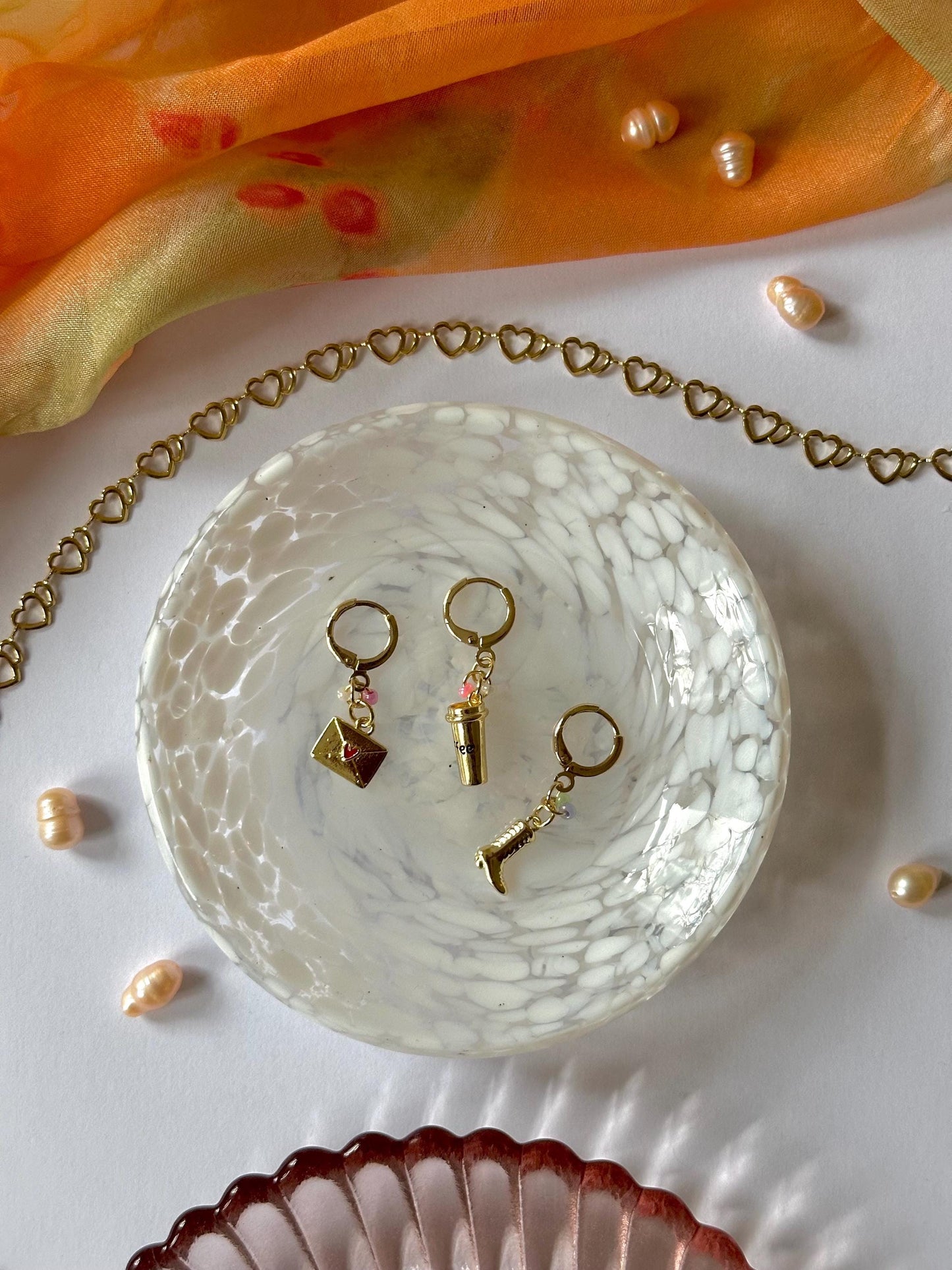 18k Gold-Plated One Charm Earring Hoop with Love Letter, Boots or Coffee Cup, Handmade in Germany