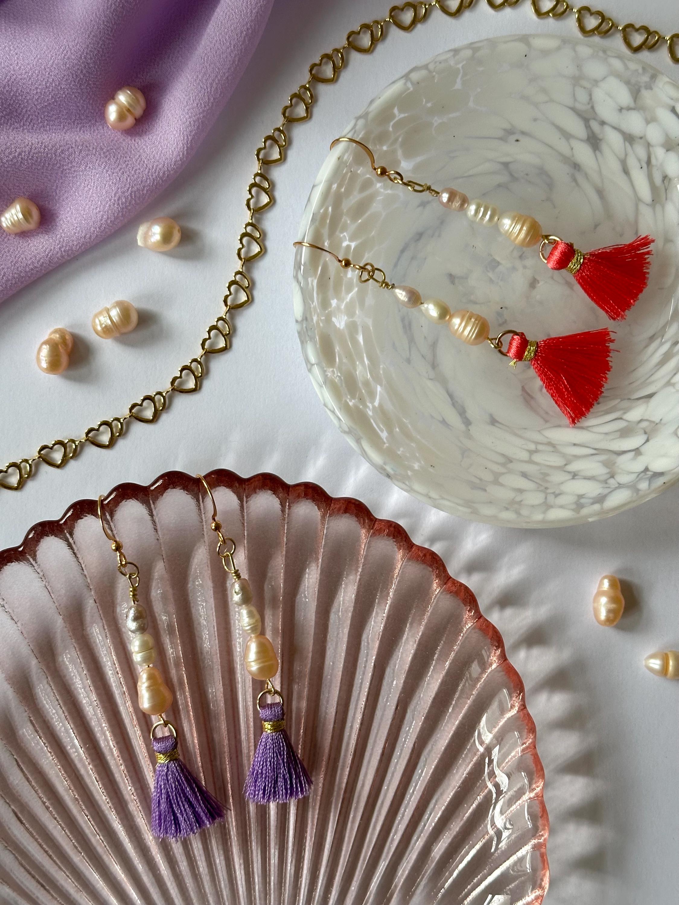 18k Gold-Plated Tassel Earrings with fresh sweet water Pearls, Handmade in Germany