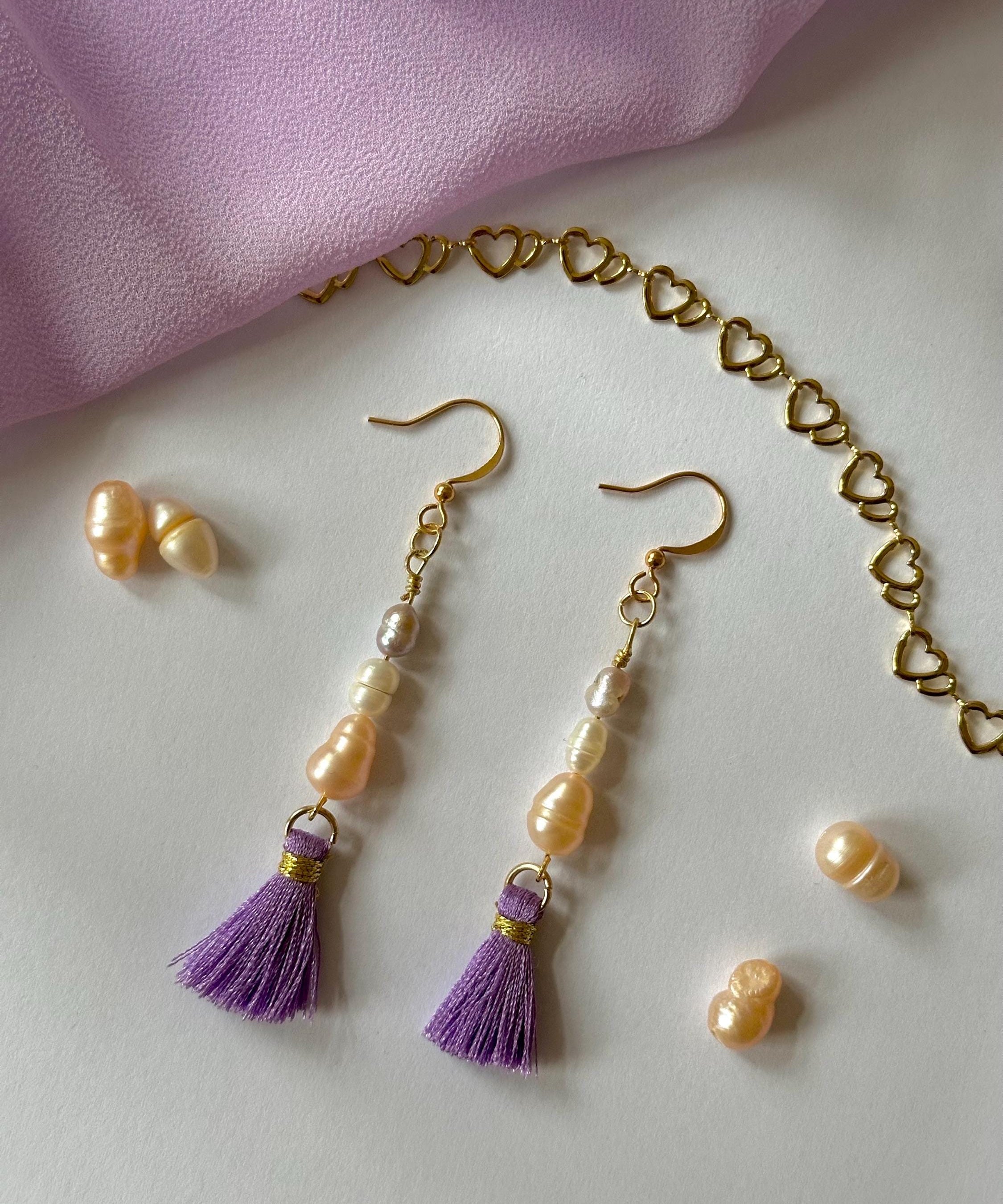 18k Gold-Plated Tassel Earrings with fresh sweet water Pearls, Handmade in Germany