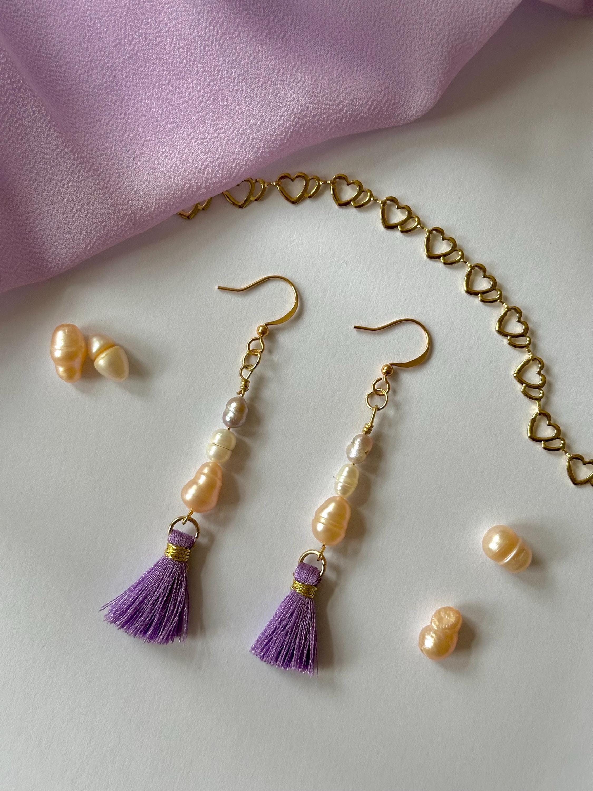 18k Gold-Plated Tassel Earrings with fresh sweet water Pearls, Handmade in Germany