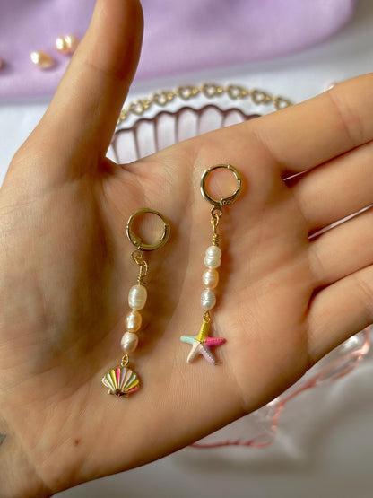 18k Gold-Plated Shell & Seastar Earrings with Sweet Water Pearls