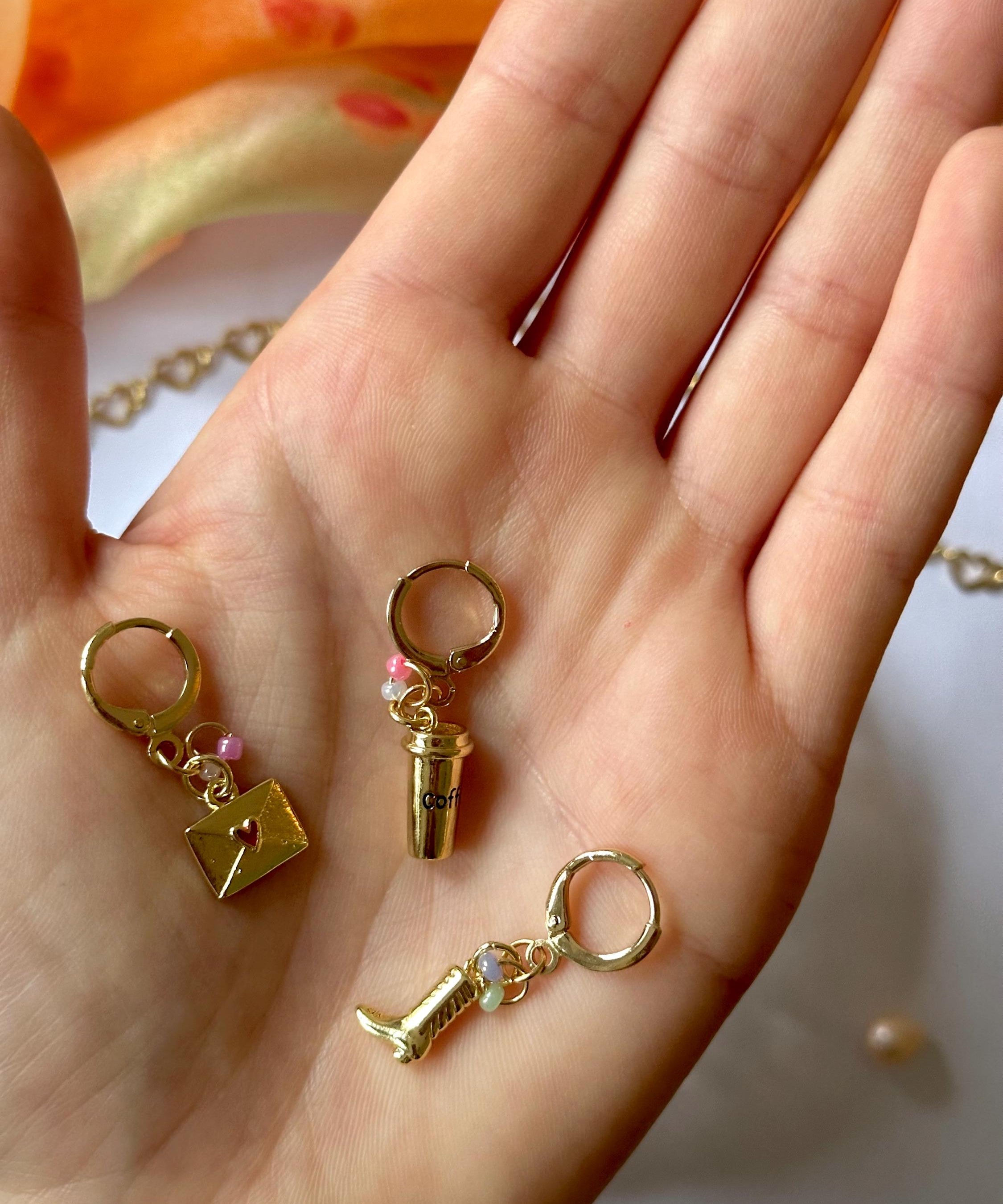 18k Gold-Plated One Charm Earring Hoop with Love Letter, Boots or Coffee Cup, Handmade in Germany