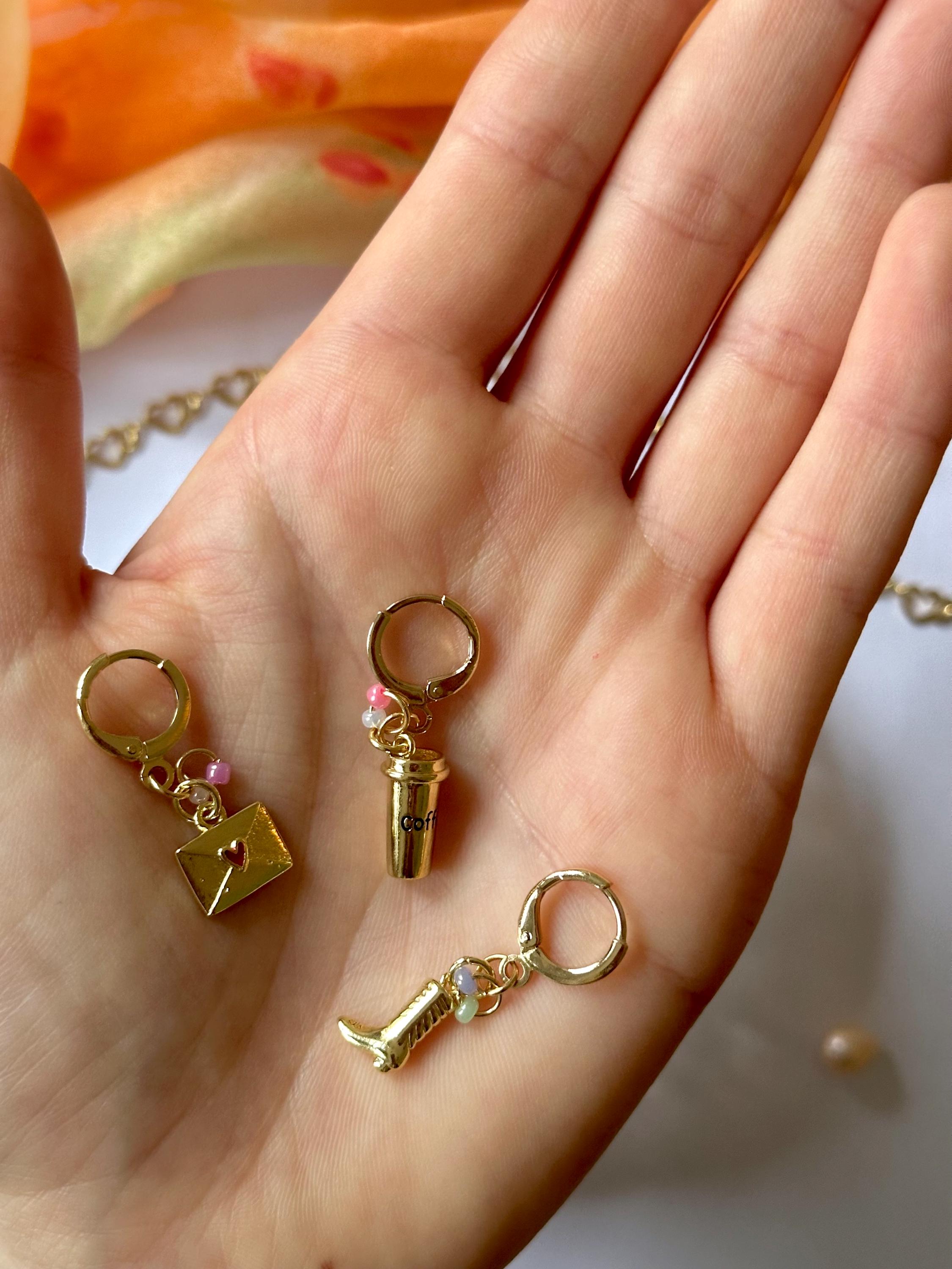 18k Gold-Plated One Charm Earring Hoop with Love Letter, Boots or Coffee Cup, Handmade in Germany