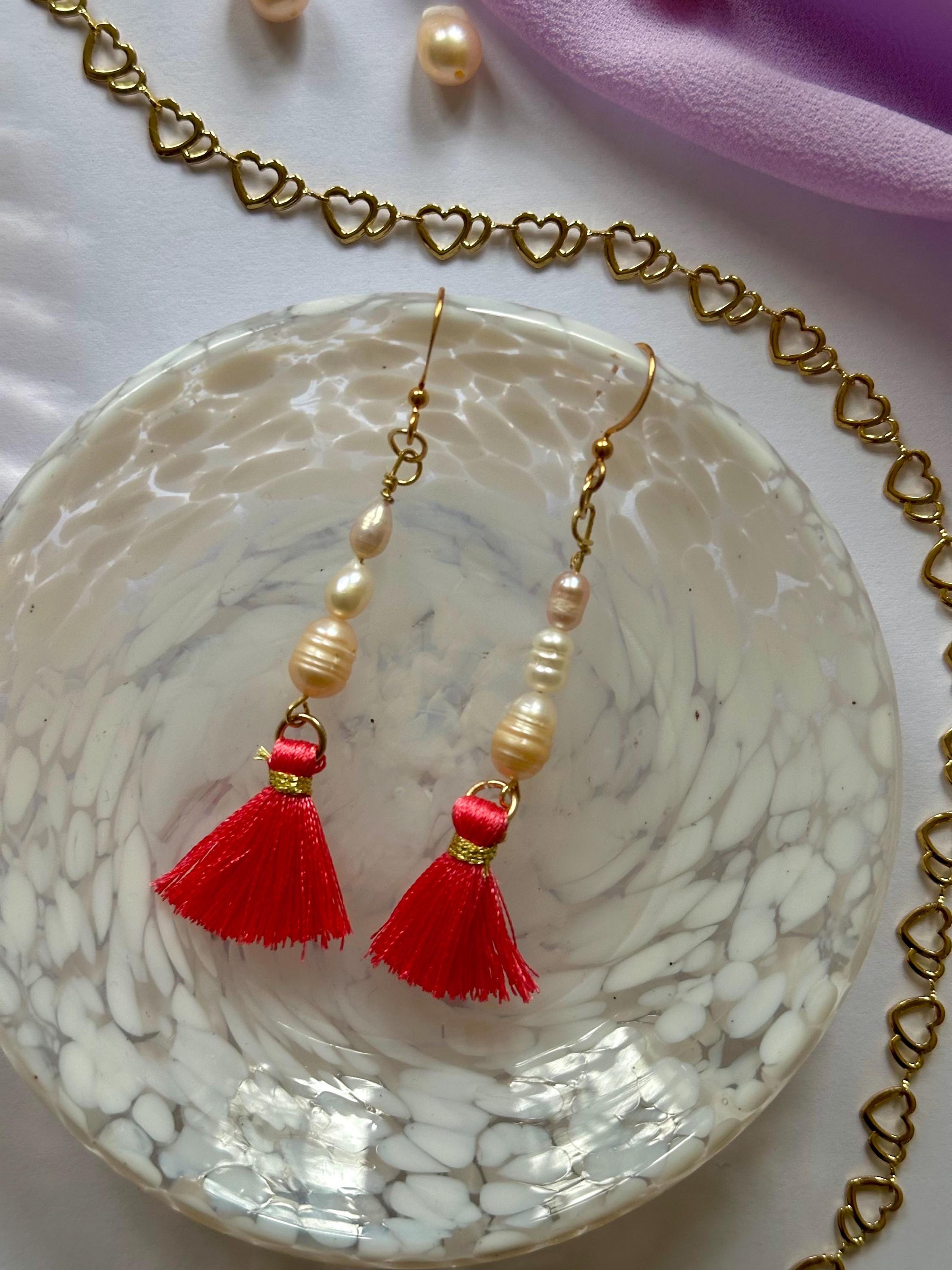 18k Gold-Plated Tassel Earrings with fresh sweet water Pearls, Handmade in Germany