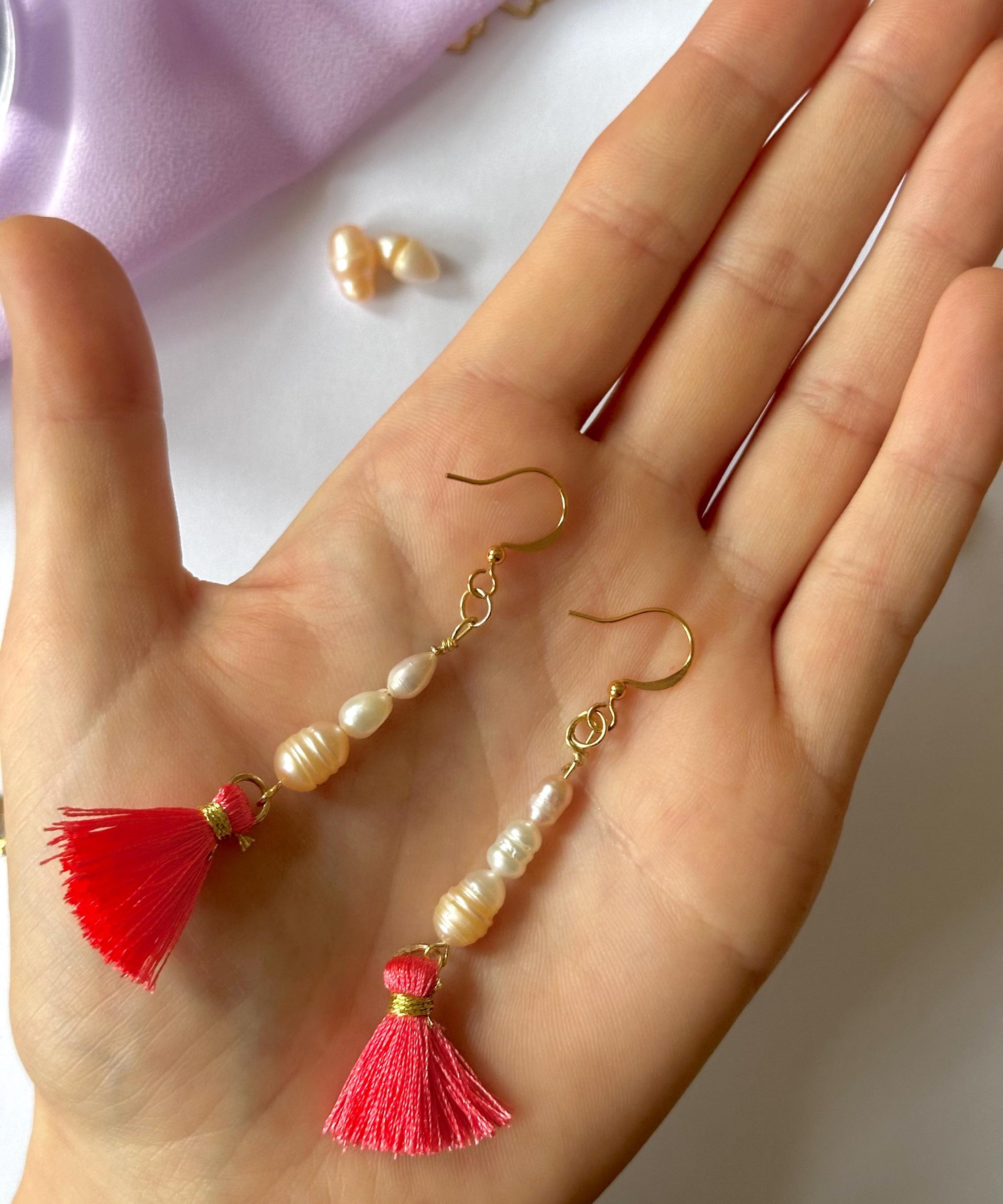 18k Gold-Plated Tassel Earrings with fresh sweet water Pearls, Handmade in Germany