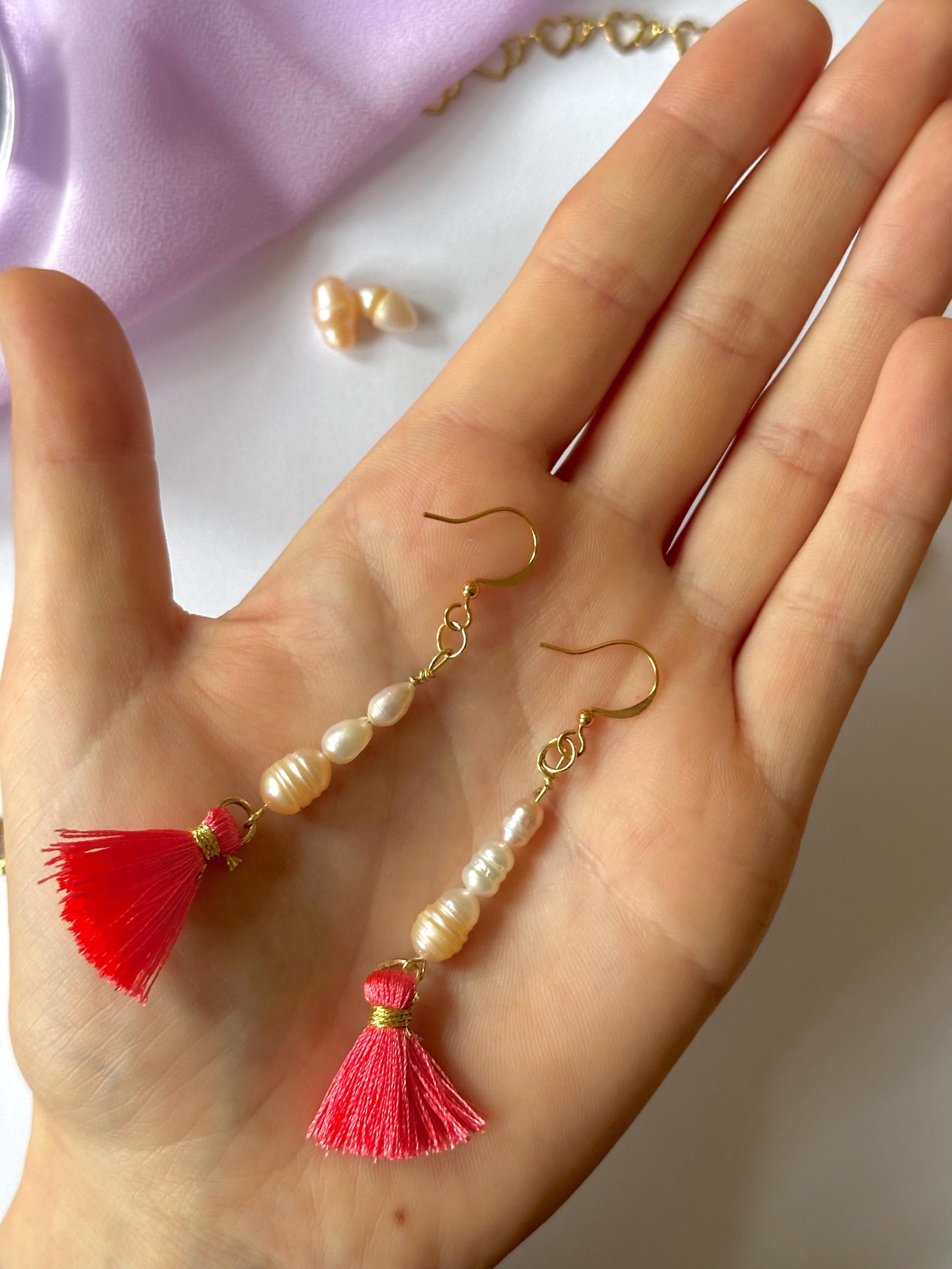 18k Gold-Plated Tassel Earrings with fresh sweet water Pearls, Handmade in Germany