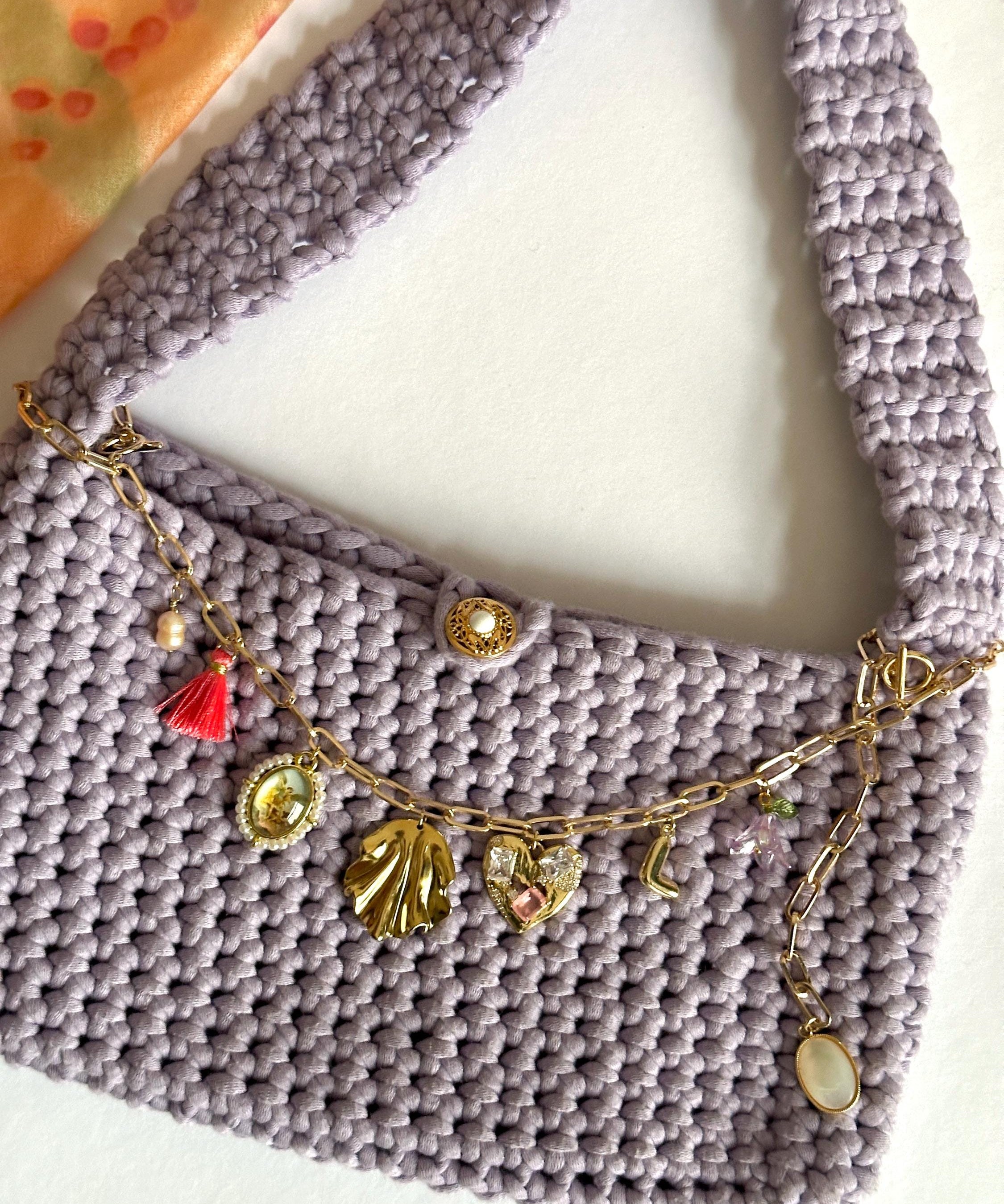 personalized crocheted bag with 18 carat gold-plated bag chain - handmade with unique charms, knitted bag, large selection of colors